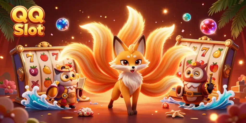 Experience the excitement of QQ Slot with a vibrant 3D illustration featuring a fox spirit and owl, surrounded by slot elements.