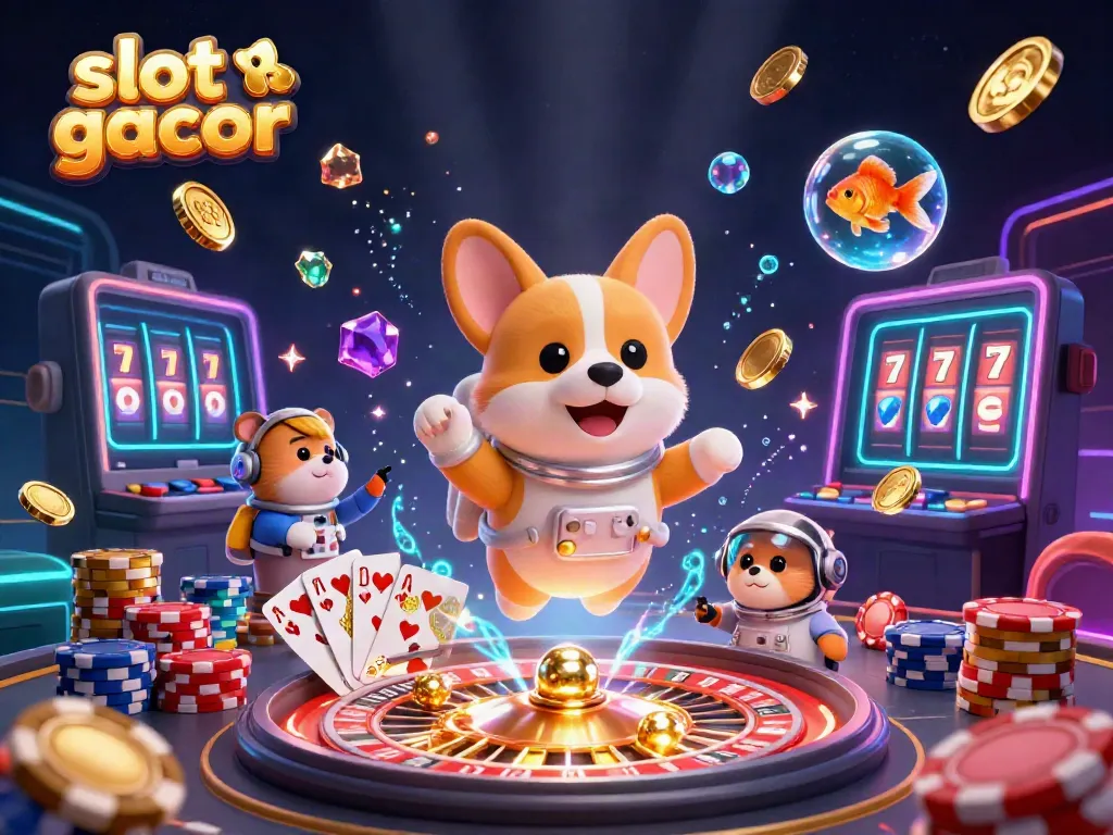 Experience the thrill of slot gacor with a playful scene of floating characters in a vibrant casino atmosphere.