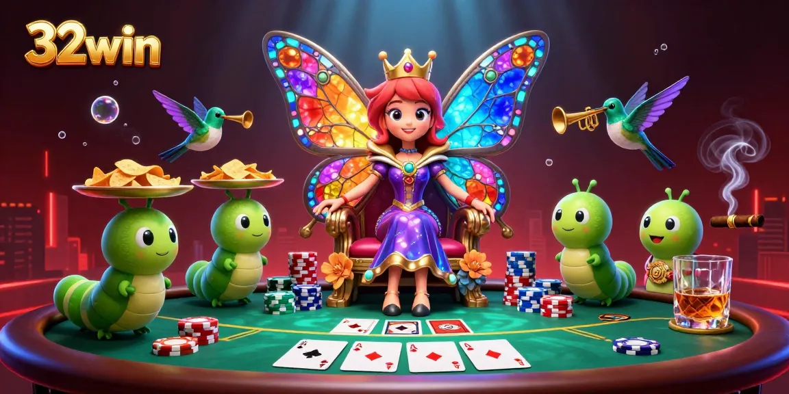 32win players experience vibrant live casino gaming with a butterfly queen and poker elements.