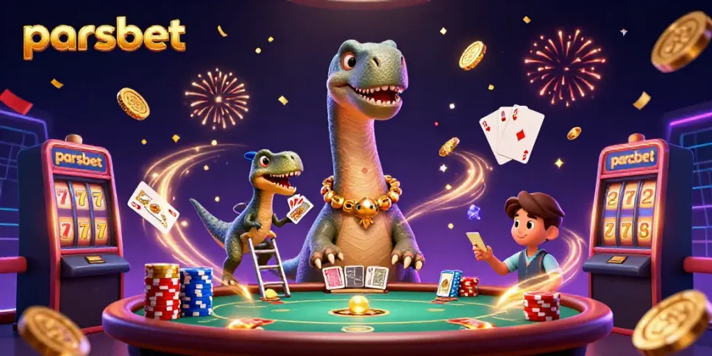 parsbet ile heyecan verici casino sahnesi, 3D sevimli dinozor ve akıllı yavru dinozor ile dolu, kart dağıtımını gerçekleştiriyor.