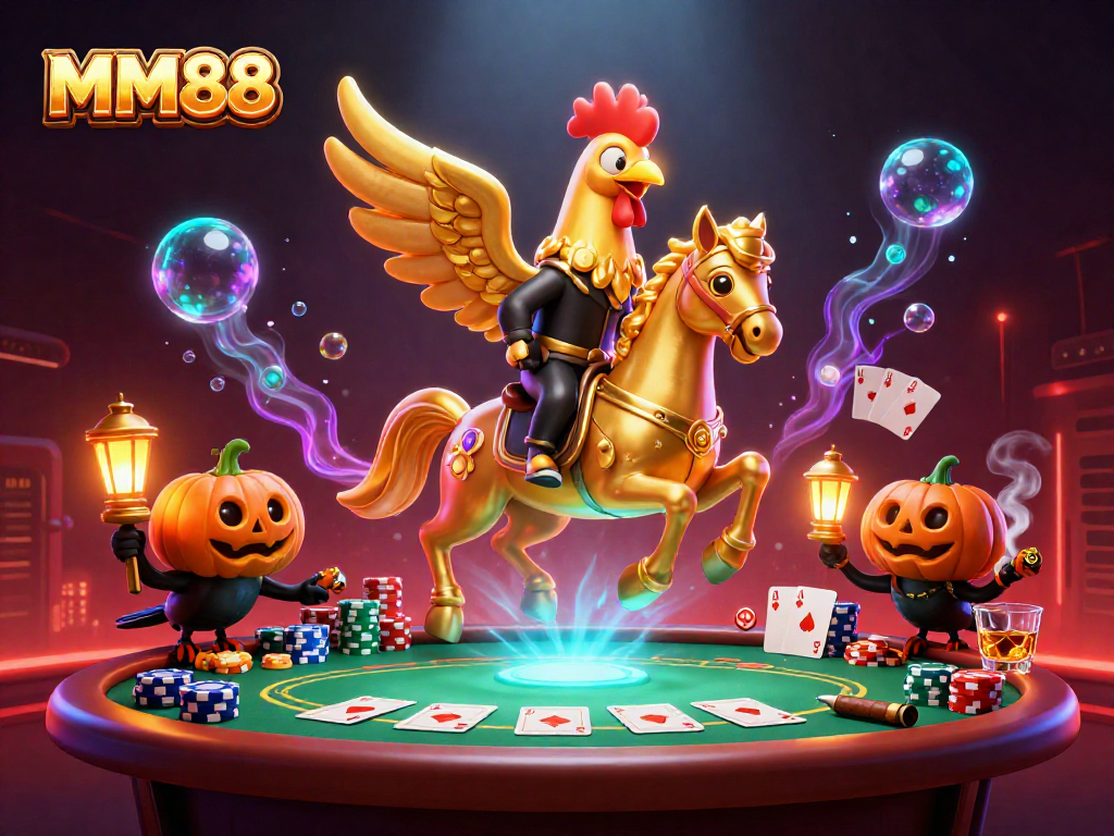 Engage in thrilling games at MM88 with a golden rooster and friends in a mystical casino.