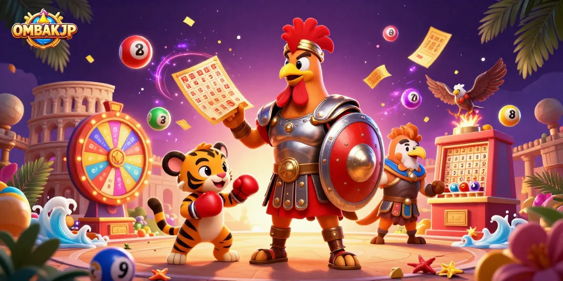 Join the excitement of OMBAKJP with a lively scene showcasing a gladiator rooster, tiger cub sparring partner, and animated lottery elements.