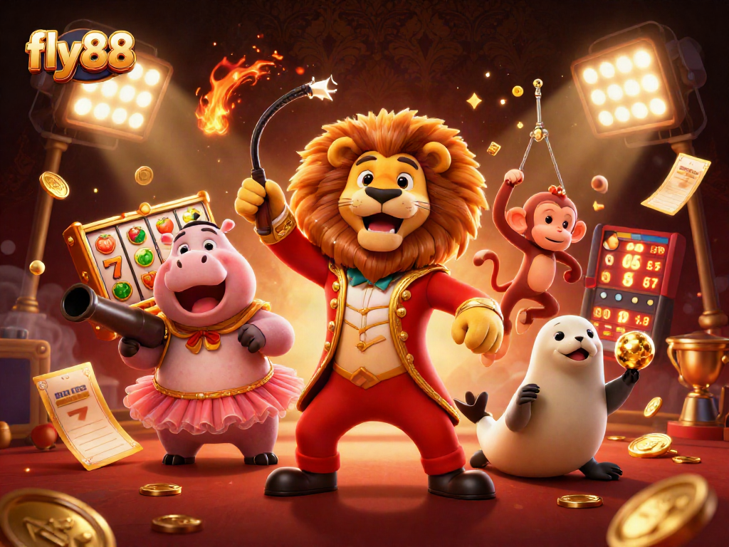 Fly88 showcasing an exciting casino scene with vibrant characters and slot reels dynamic gameplay.
