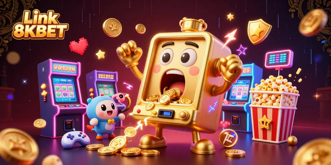 Spin to win with Link 8KBET as the jubilant golden slot machine rejoices, surrounded by cheering baby machines.