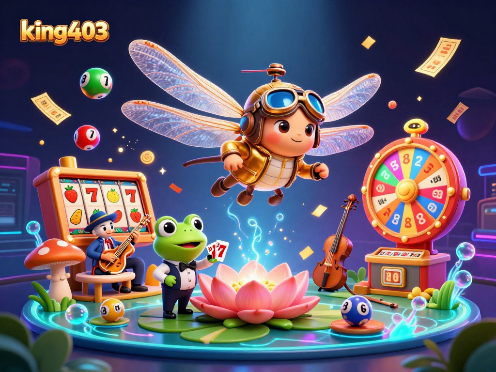 Join king403 in a vibrant casino scene featuring dynamic slot reels and lively characters.
