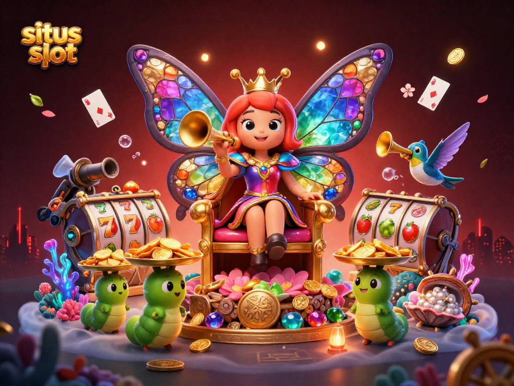 Visualisasi situs slot yang meriah dengan ratu kupu-kupu dan simbol buah bersinar di sekitar.