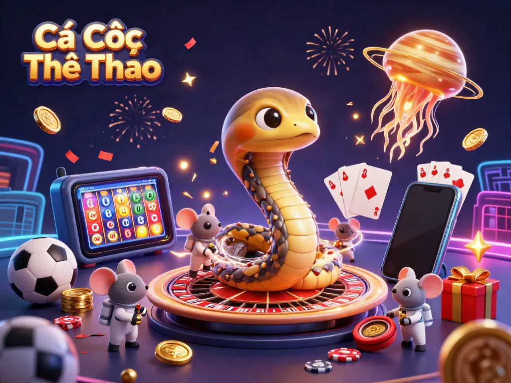 Experience sports betting excitement with Cá Cược Thể Thao showcasing vibrant gaming elements and cosmic characters.