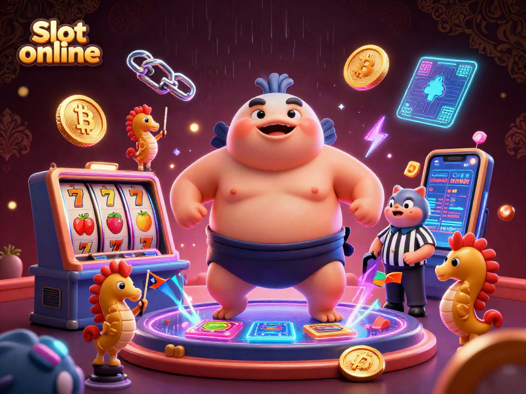 Menangkan Slot online dengan mendebarkan, melihat fugu bertarung di arena sambil dikelilingi simbol keberuntungan dan cryptocurrency