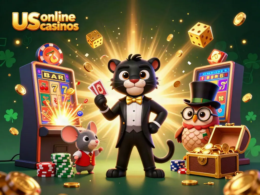 Experience the thrill of us online casinos with a stylish black panther dealer, poker owl, and lucky mouse amidst vibrant casino elements.