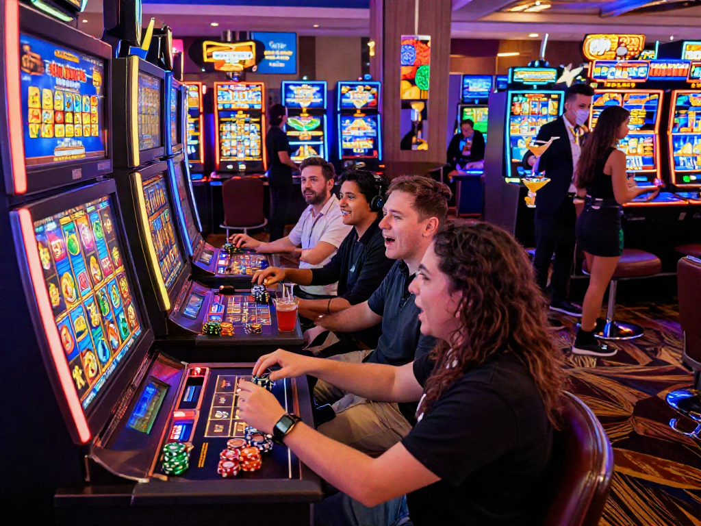 Players excitedly gathered around slot depo 5k machine in lively casino environment.