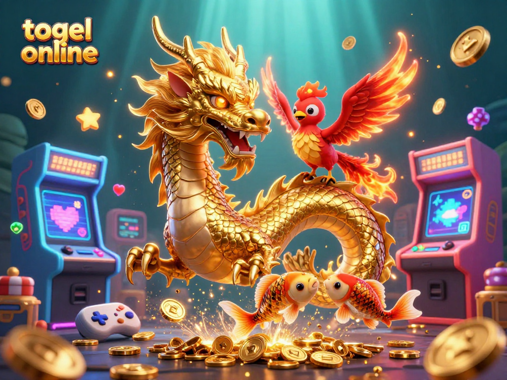Experience thrilling togel online action with vibrant 3D dragon, phoenix, and koi fish amidst a cascade of coins.