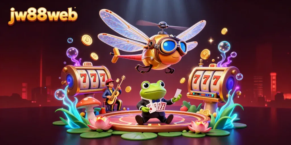Experience the vibrant action of jw88 web with a 3D dragonfly pilot and frog dealer amidst dynamic casino elements.
