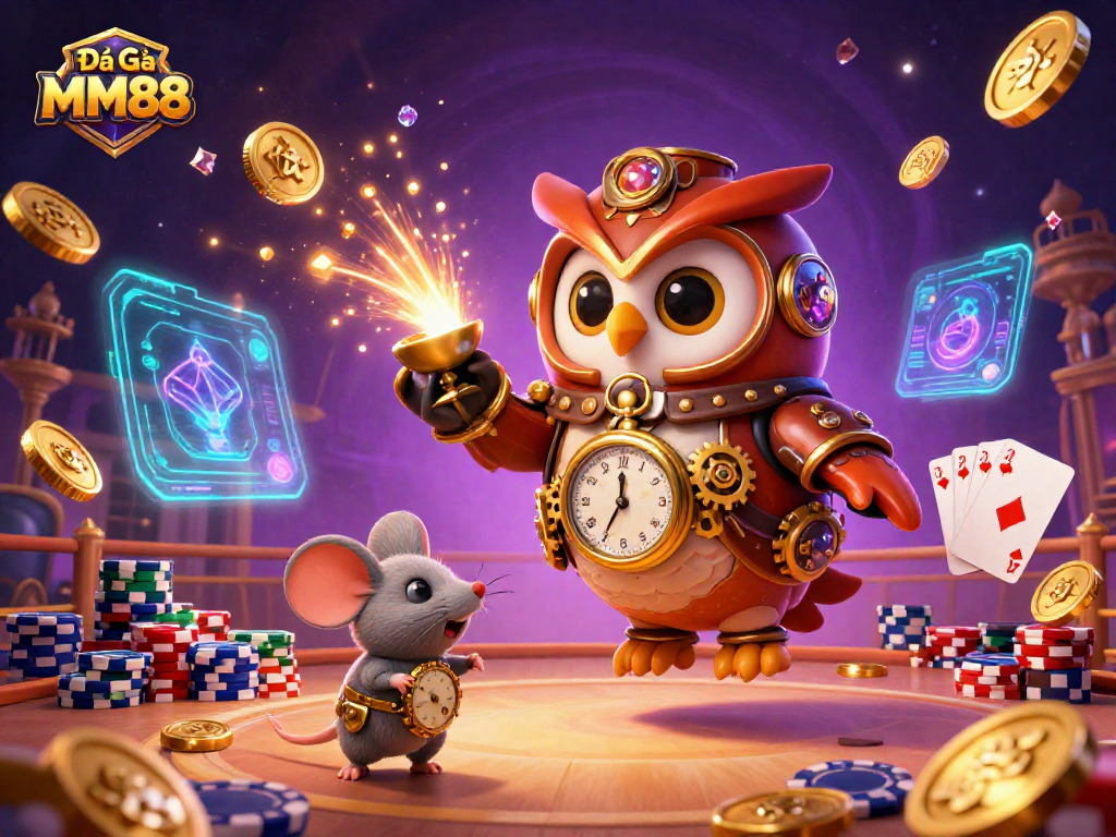 Experience vibrant cockfighting action at Đá Gà MM88 with dynamic coins and poker chips.