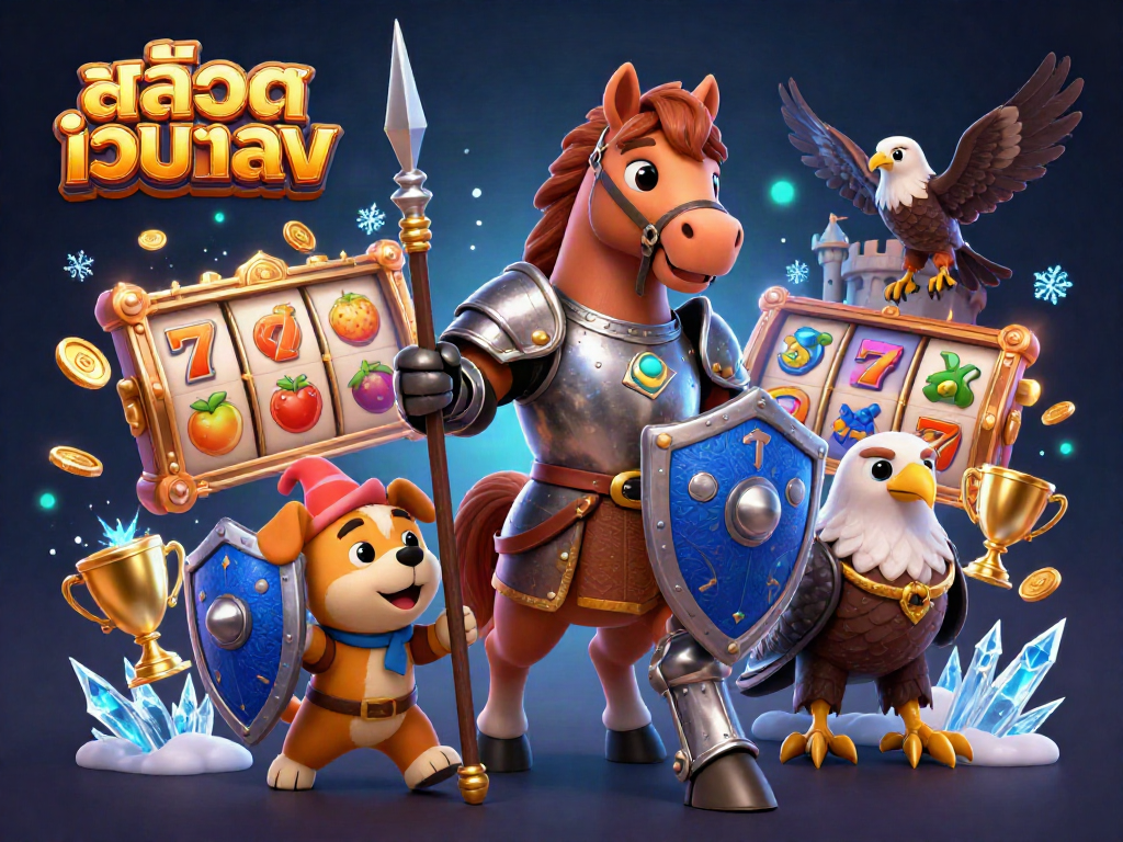 Engage with สล็อตเว็บตรง through a captivating 3D illustration featuring knights, slots, and trophies.