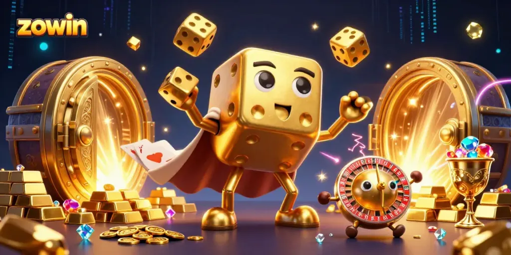 Zowin launches exciting gameplay surrounded by golden gems and treasures in a vibrant casino scene.