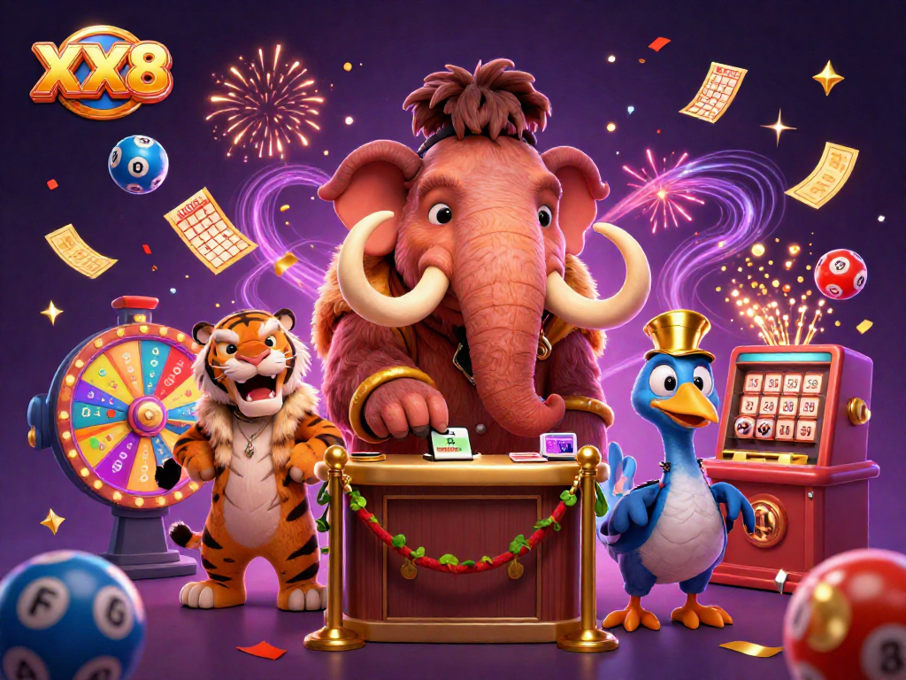 Experience the exciting world of XX8 with colorful lottery elements and engaging casino characters.