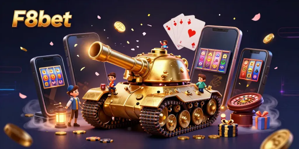 Spin the reels with F8bet's vibrant digital casino featuring a golden beetle tank and slot game excitement.