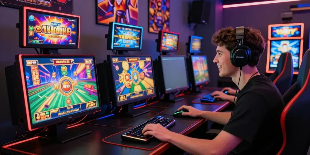 Player enjoying link slot games on a modern gaming setup with vibrant graphics.