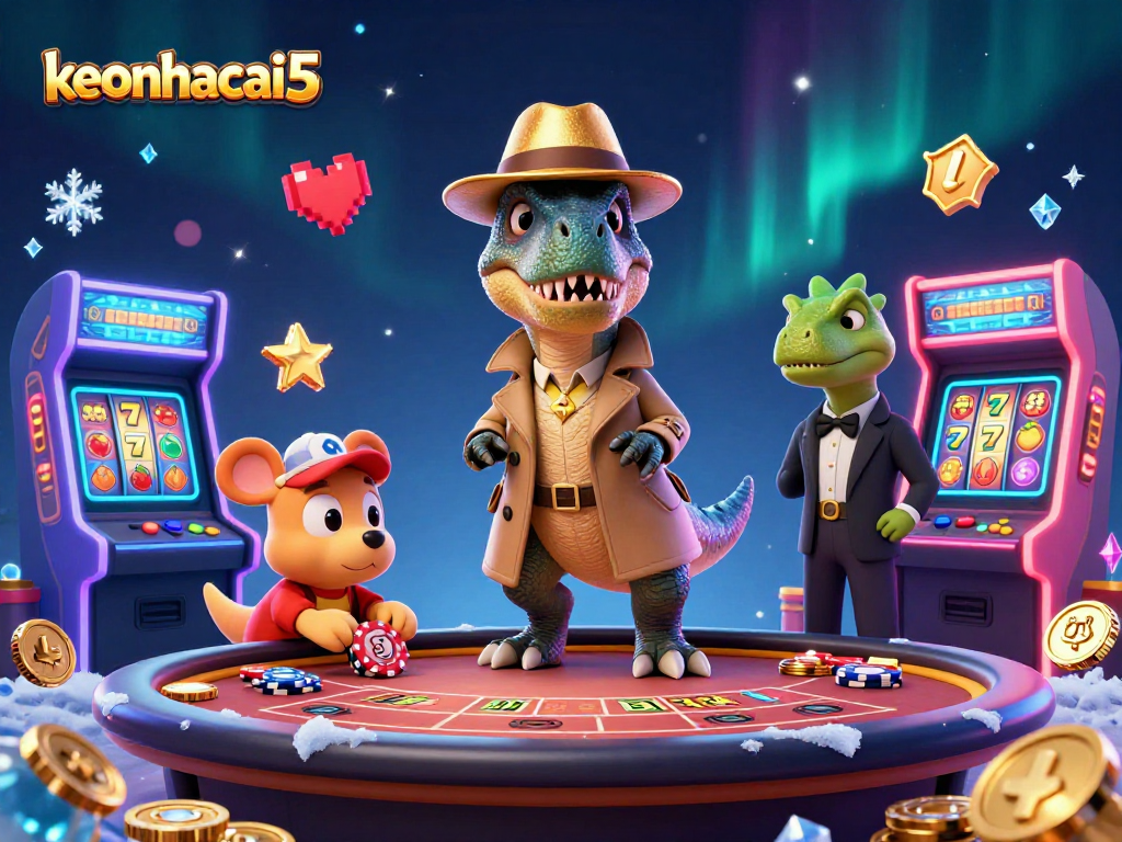 Engage with keonhacai5 and experience an exciting 3D casino scene with vibrant characters and dynamic gaming elements.