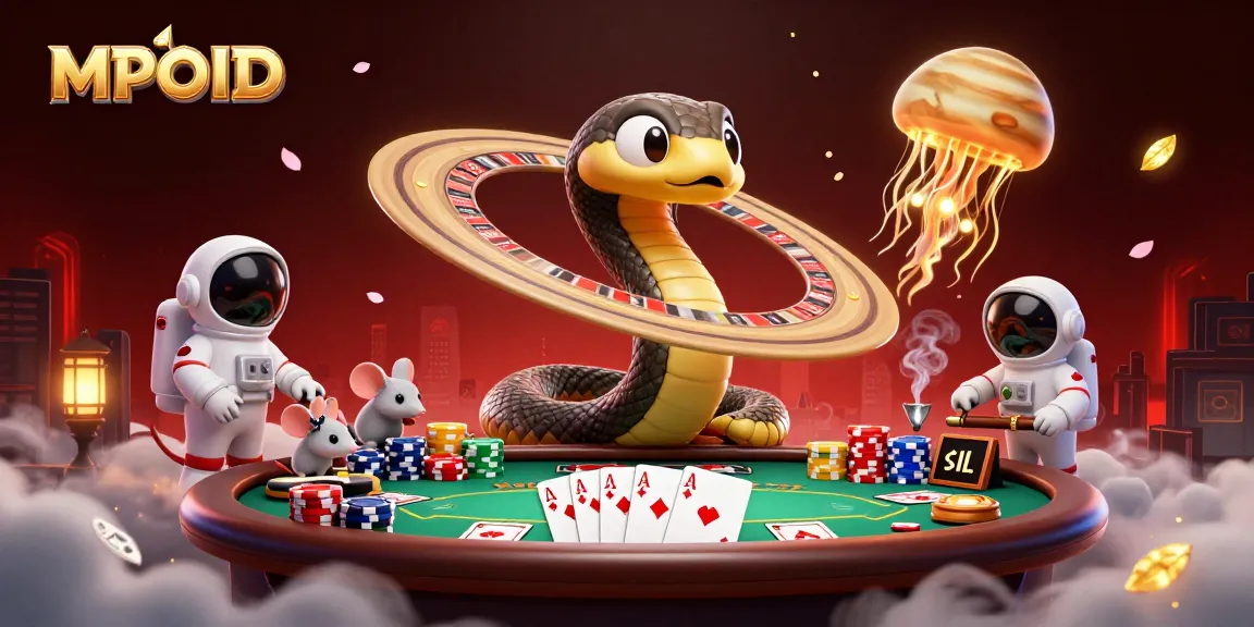 MPOID showcases a thrilling cosmic casino scene with a Saturn ring snake and astronaut mice actively betting.