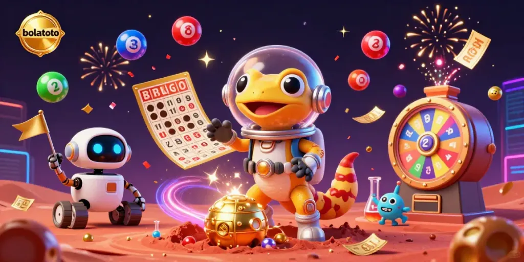 Enter the exciting world of bolatoto as cartoon characters explore a golden casino, adorned with vibrant game elements.