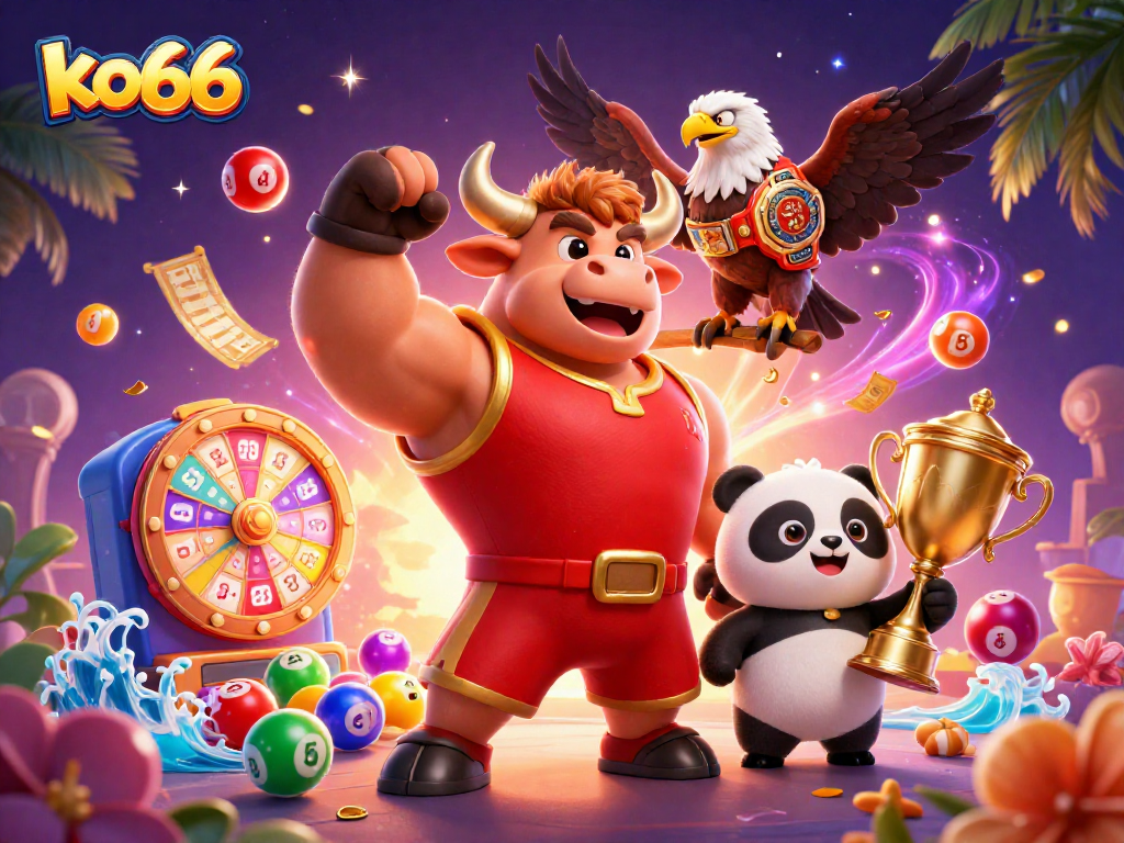Experience exciting wins at ko66 with a celebration of vibrant casino elements and energetic characters.