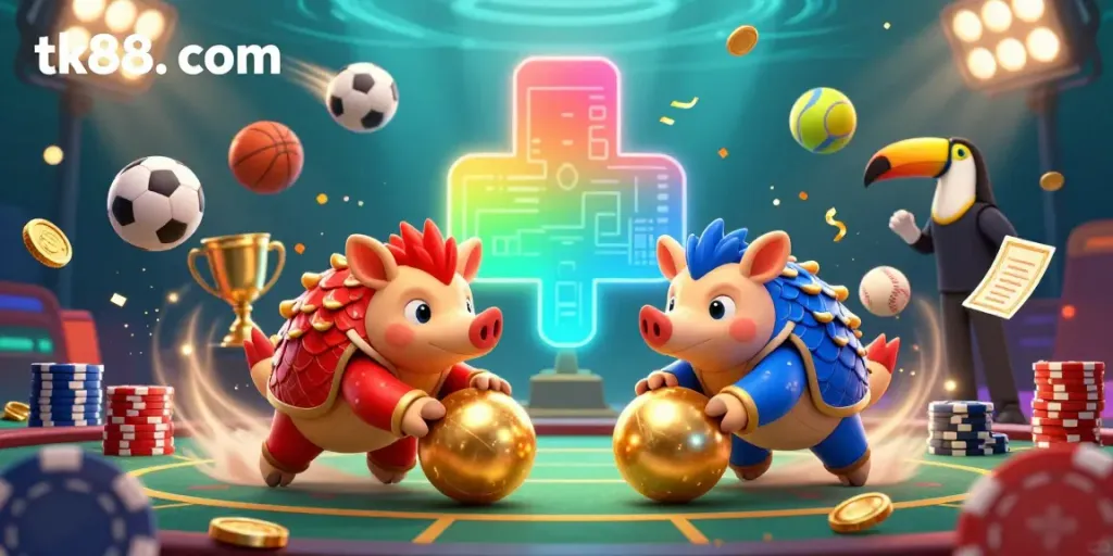 Experience thrilling gameplay at tk88. com, featuring rival pangolins in a vibrant casino with dynamic elements.