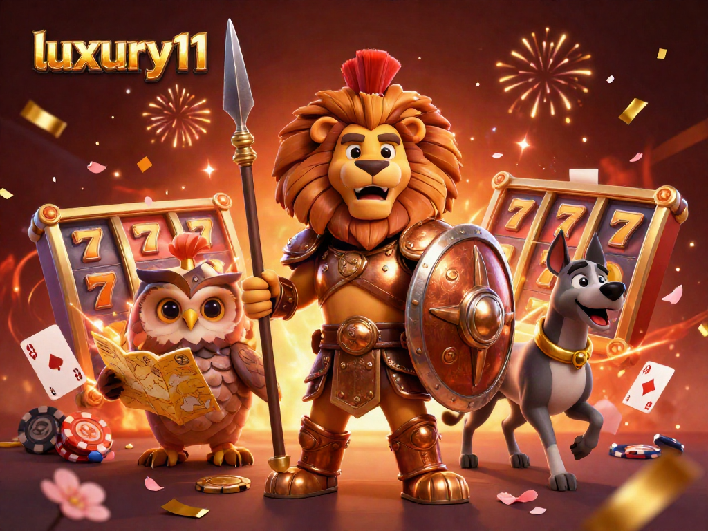 Experience exciting wins with luxury111 at an online casino featuring a Spartan lion and vibrant gaming elements.