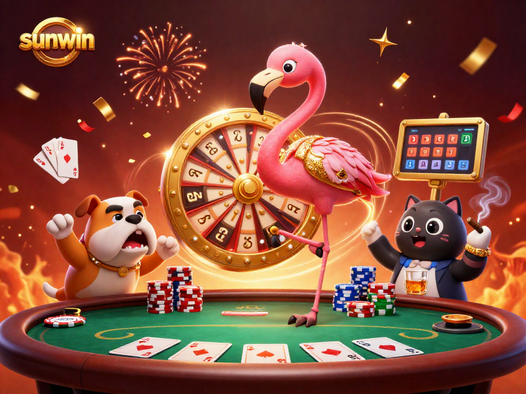 Engage with sunwin's thrilling casino action as a flamboyant flamingo hosts a colorful gaming showdown.