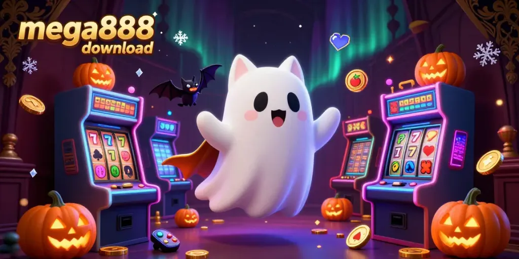 Engaging scene of a friendly ghost cat and vampire bat promoting mega888 download amid a lively casino atmosphere.