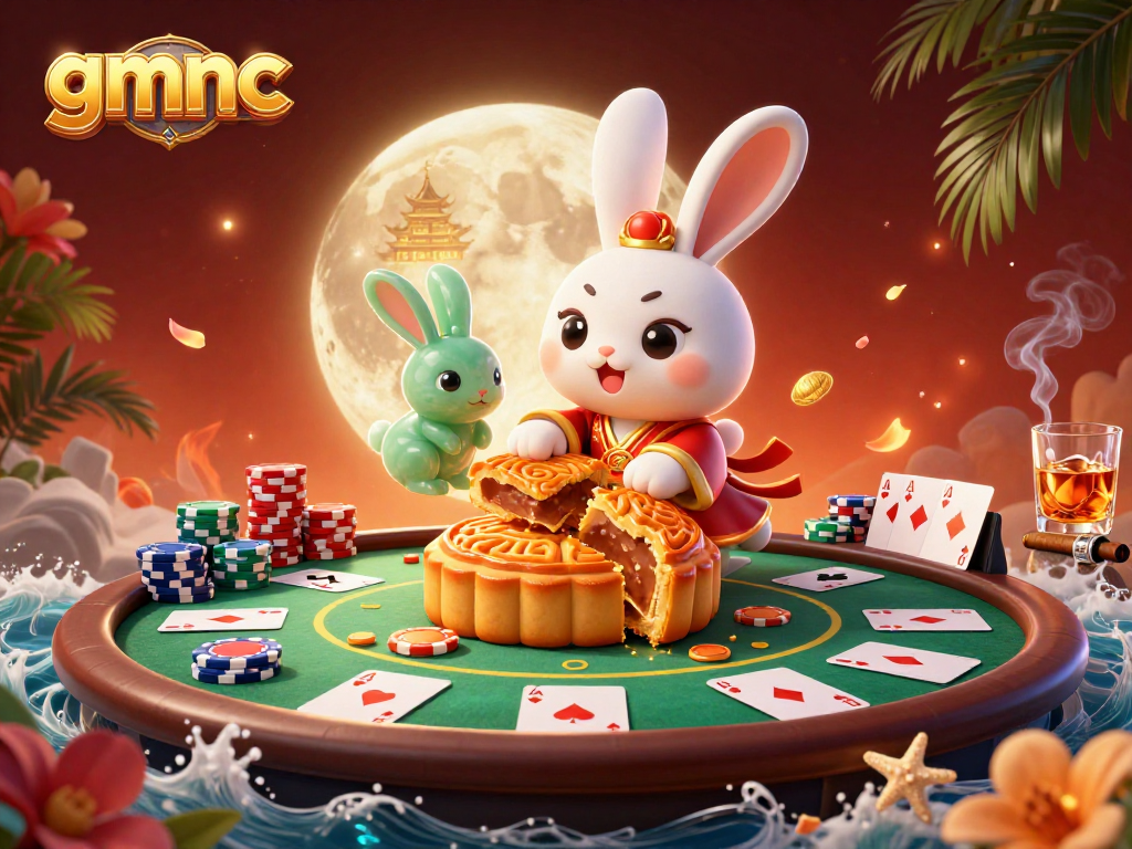 Experience gmnc strategy with a vibrant 3D moon rabbit scene featuring poker elements and lunar treasures.