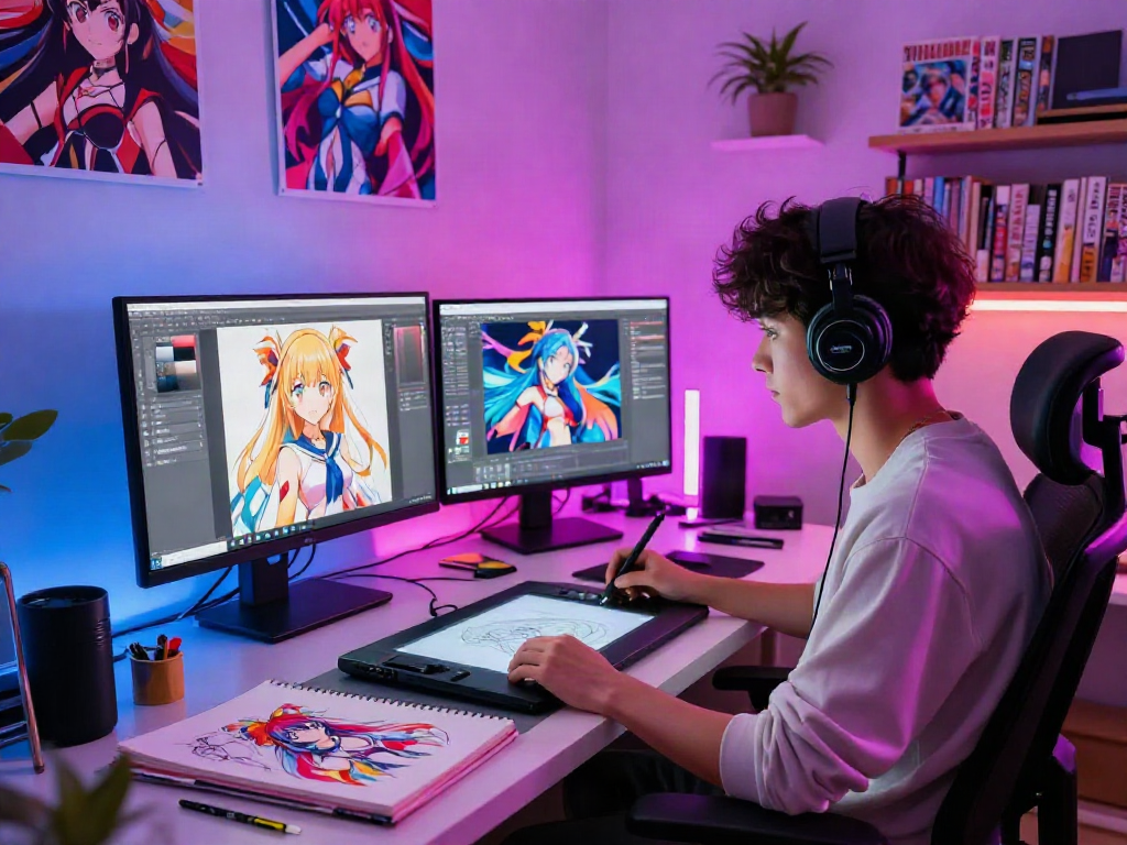 Engaging scene depicting hentai AI chat artist immersed in creating vibrant character art in a digital studio.