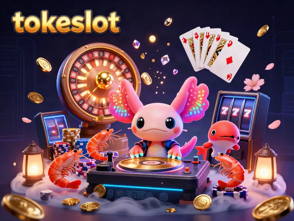 Spin to win with tokeslot's vibrant 3D casino scene featuring an axolotl DJ and colorful gaming elements.
