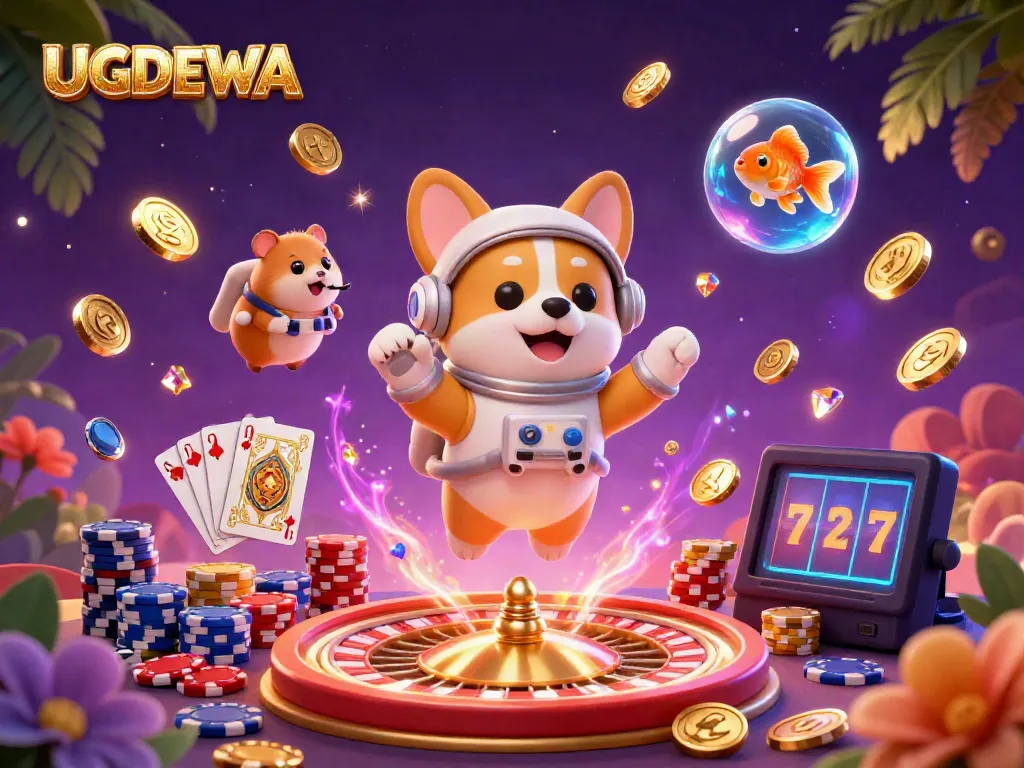 Engage in exhilarating gaming at UGDEWA with vibrant casino scenes filled with coins and excitement.
