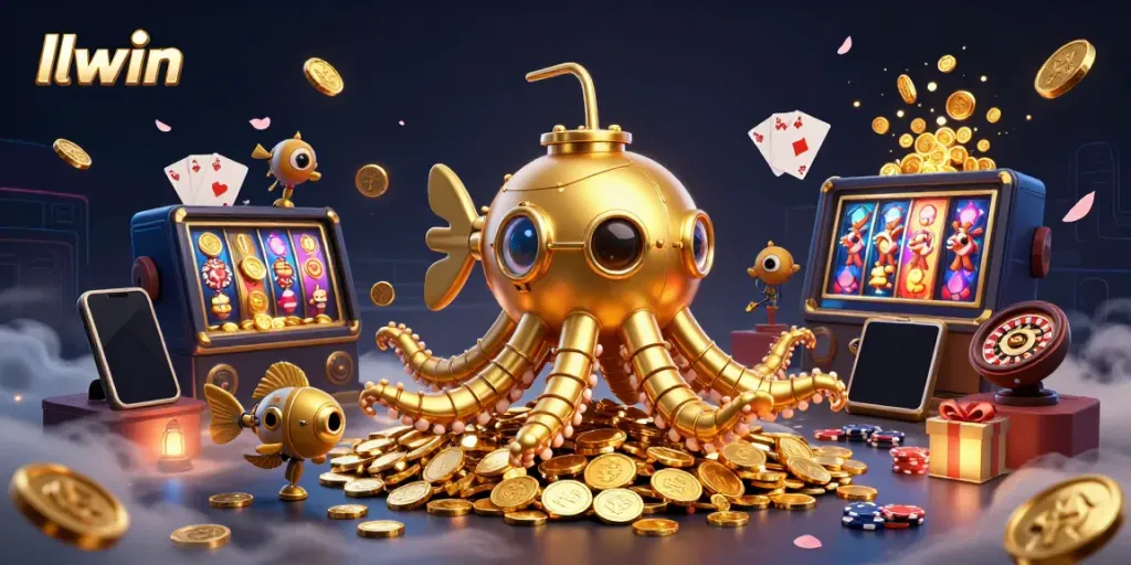 llwin's golden kraken submarine explores a vibrant casino world filled with coins and game elements.