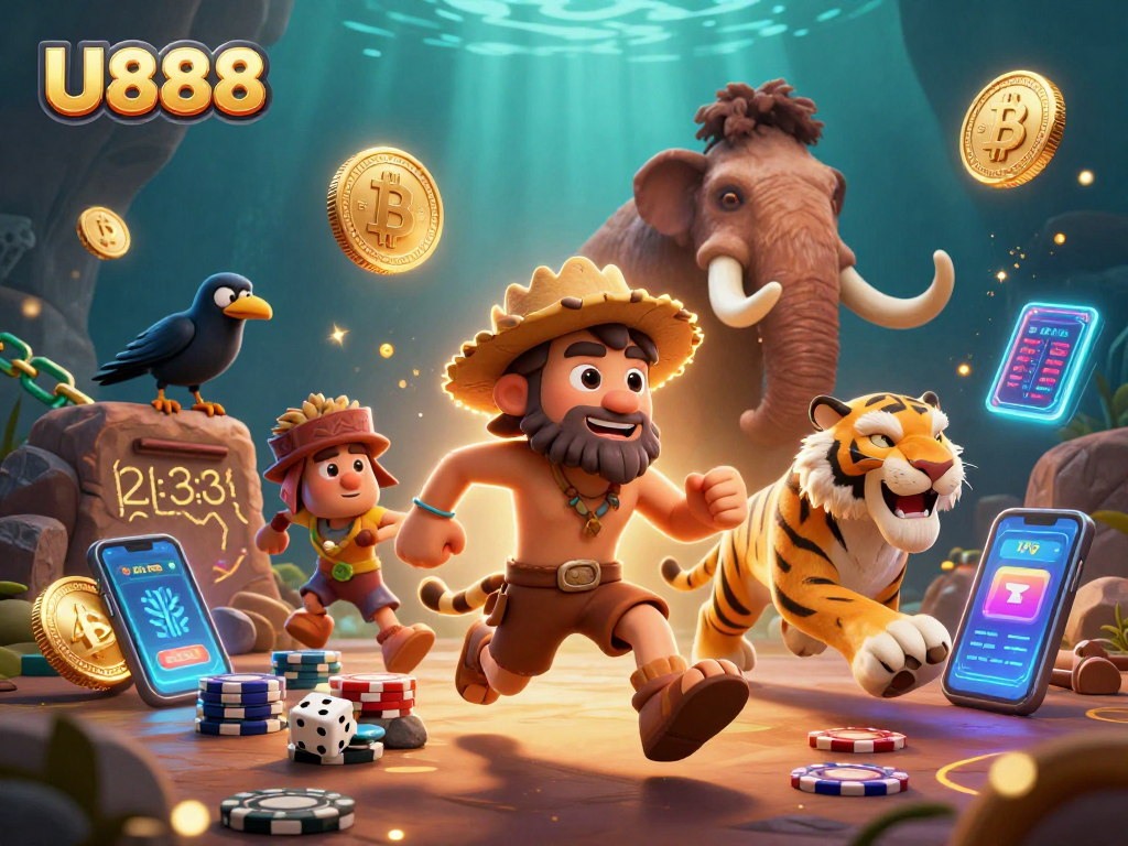 Experience the thrill of U888 at a lively prehistoric casino with cavemen and crypto elements.