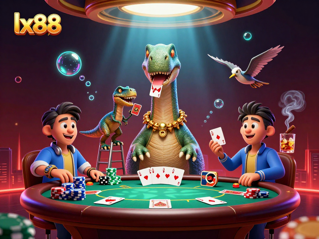 lx88 brings excitement with a cartoon brontosaurus and raptor dealer at a vibrant poker scene.
