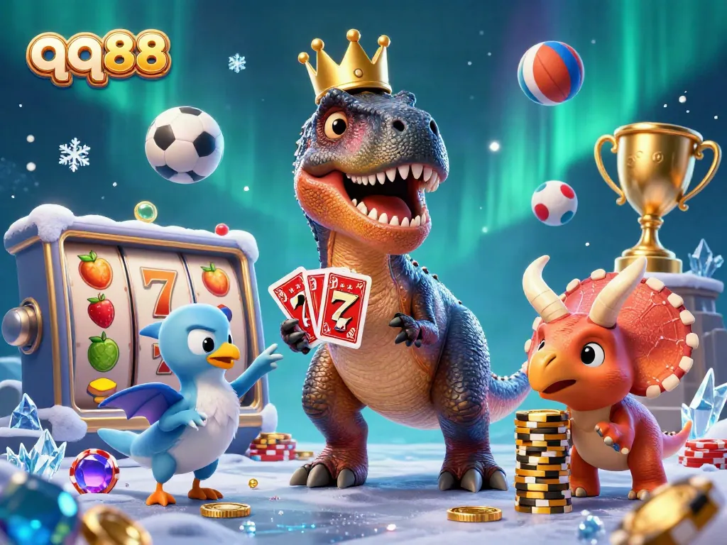 Experience thrilling moments at qq88 with a T-Rex shuffling cards and a baby triceratops stacking golden chips.