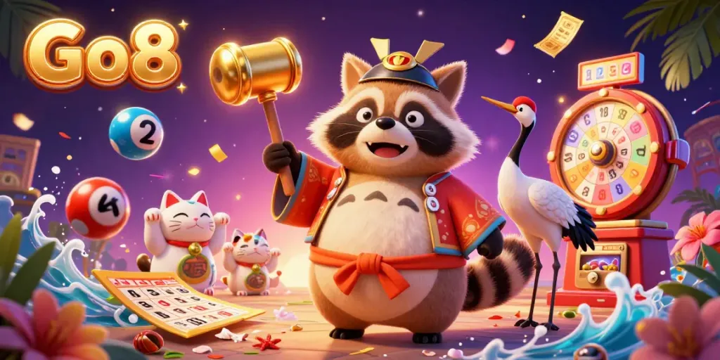 Celebrate luck with Go8 as cheerful tanuki and companions play amidst dynamic casino elements.
