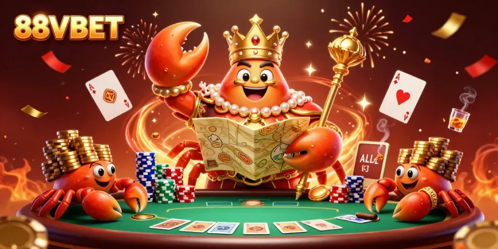 Engage with 88VBET's vibrant casino scene featuring the golden crab emperor amidst poker chips and cards.