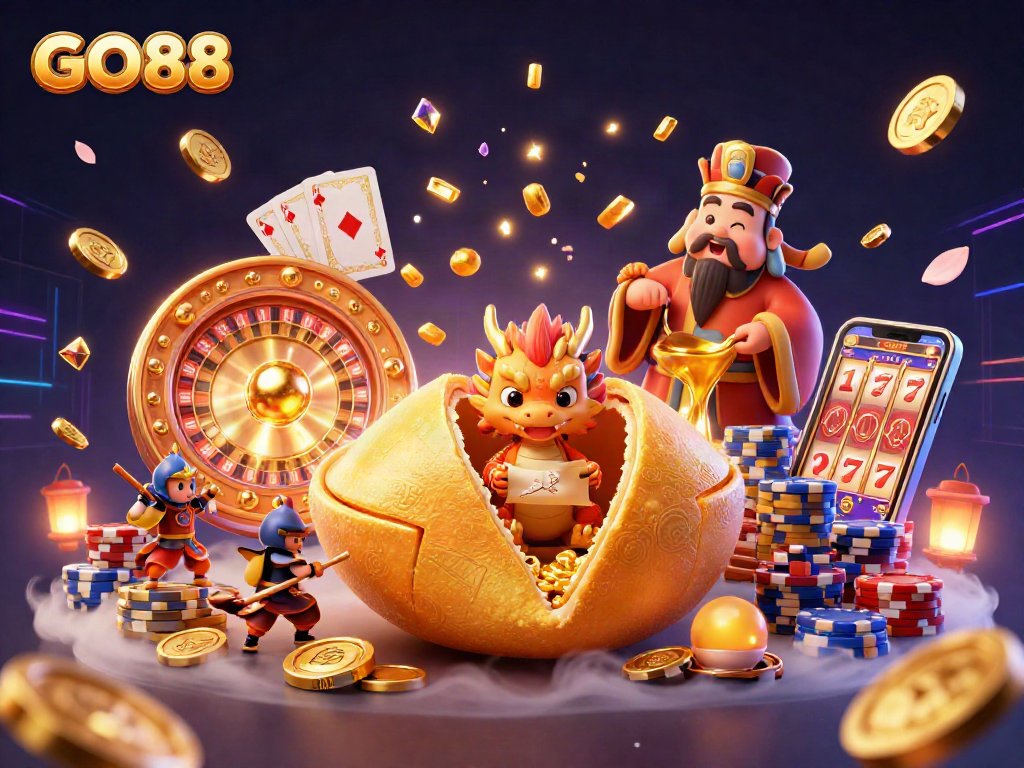 Engage with GO88's exciting gameplay featuring a golden fortune cookie, wise dragon, and dynamic casino elements.