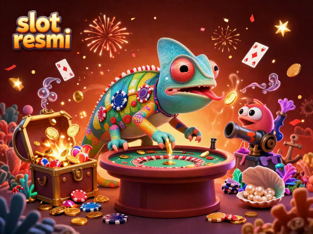Permainan slot resmi dengan chameleon pemilik kasino yang mencolok, dikelilingi harta karun dan efek energi.