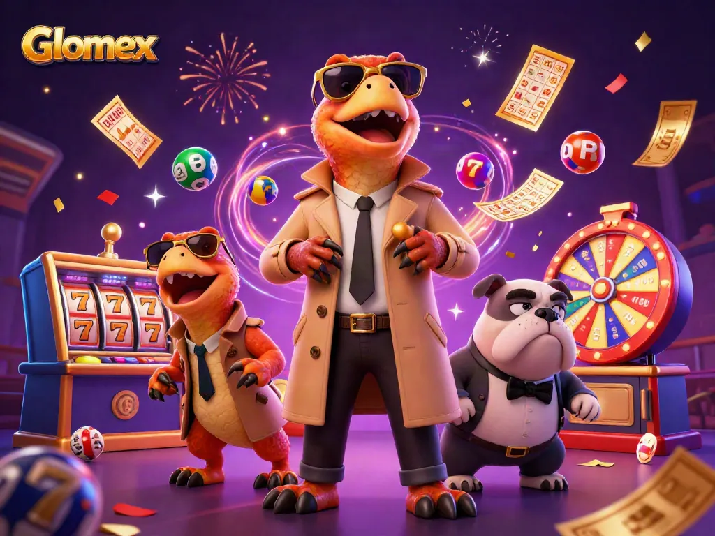 Glomex showcases dynamic slot reels and lottery excitement with cartoon raptors in a vibrant casino