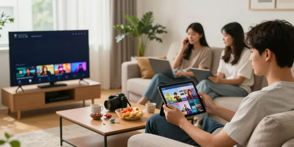 Seorang pemuda menonton bokep di tablet dengan teman-temannya di ruang tamu yang hangat dan nyaman.