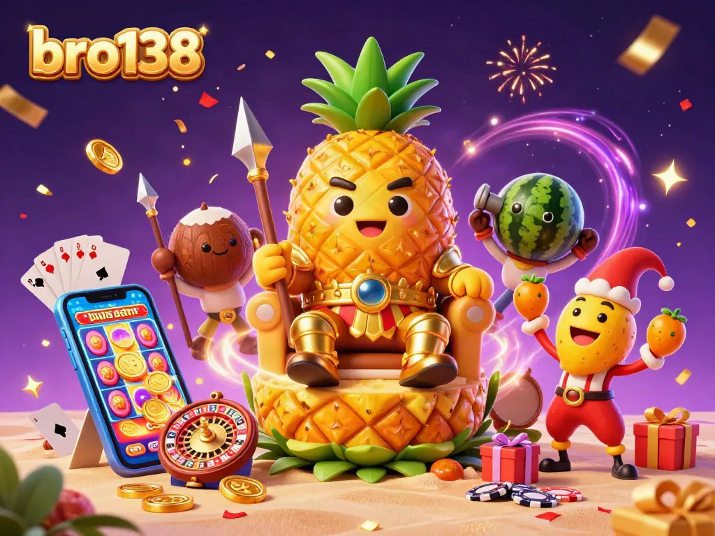 Experience bro138 with a vibrant casino scene featuring dynamic characters, slot games, and celebrations.