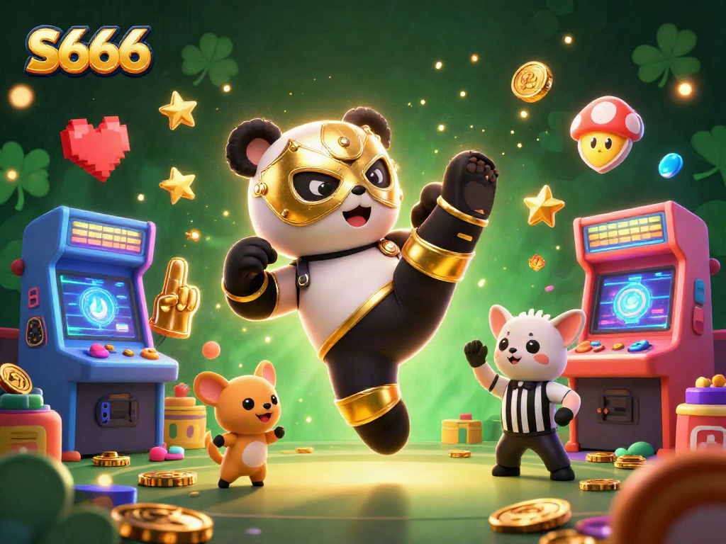 S666 engages players with a dynamic illustration of a panda wrestler in a thrilling casino environment.