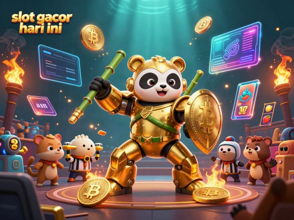 Experience the thrill of slot gacor hari ini with a vibrant 3D scene featuring a golden panda in action.