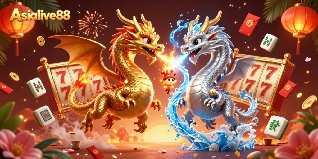 Asialive88 promotes an energizing scene of gold and silver dragons battling elements with casino elements, enhancing your gaming experience.