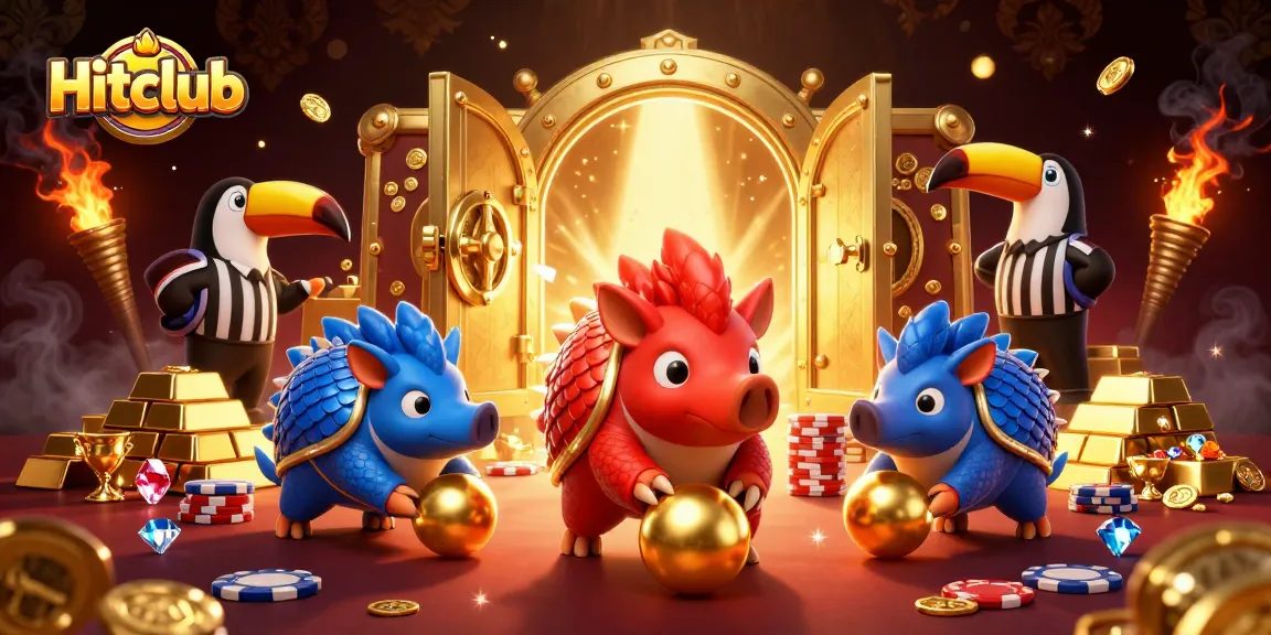 Hitclub features rival pangolins bowling through poker chips, celebrating big wins with vibrant casino elements.