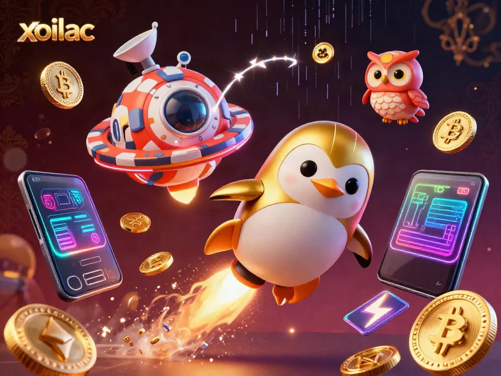 Xoilac offers an engaging experience with a golden penguin and a casino-themed space scene filled with vibrant details.